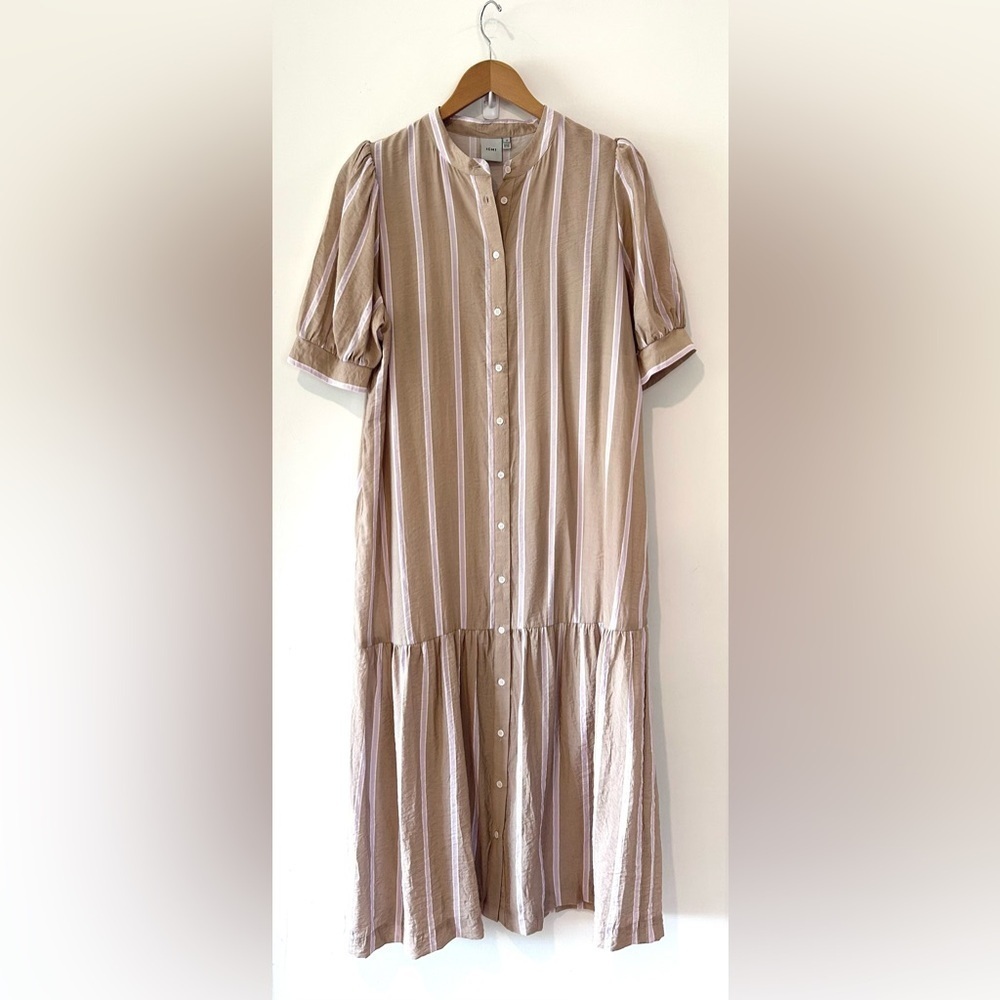 ICHI Striped Puff Sleeve Button-Front Dress - Size 38 - Picture 2 of 7